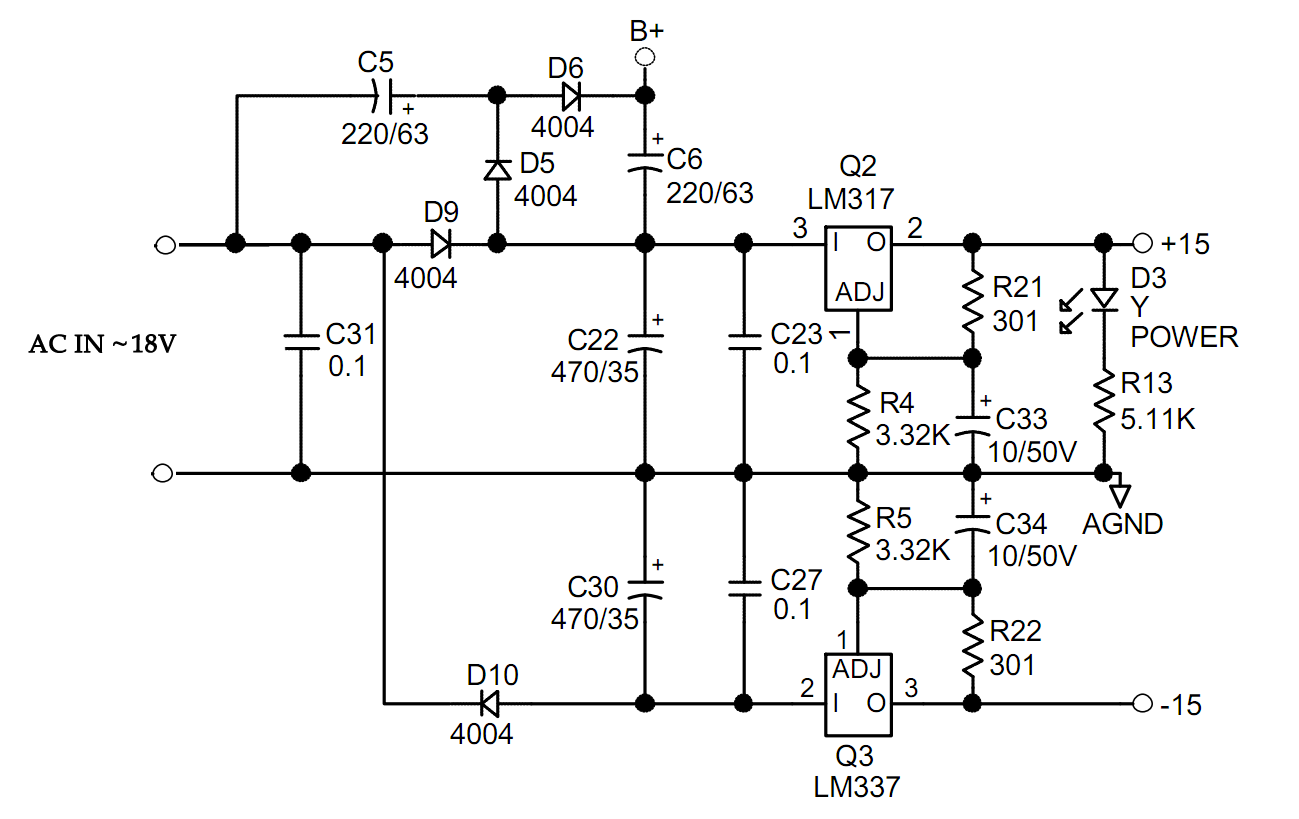 Схема двухполярного блока питания на 15 вольт